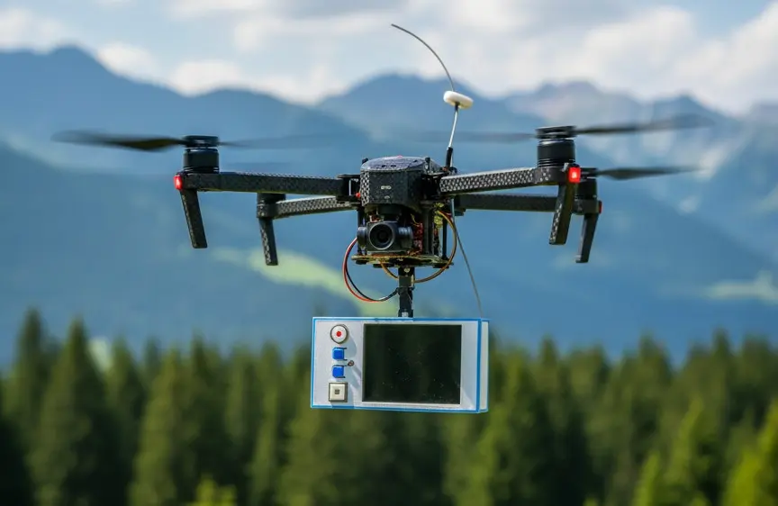 Drone flying while carrying an SKH3 data logger.